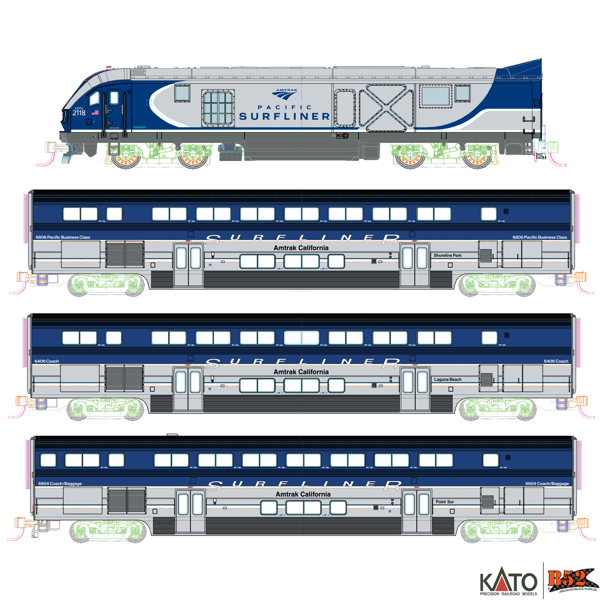 Kato N - Amtrak SC-44 Charger, Surfliner - 4 Unit Set: 106-9001