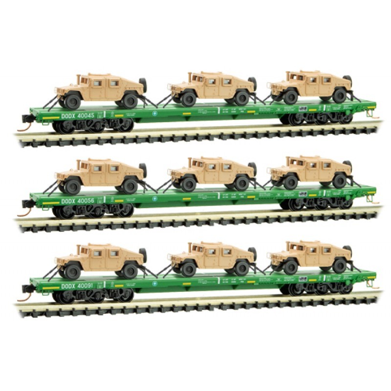 Micro-Trains N - Vagões DODX Flat Green, com Humvees - Set com 3
