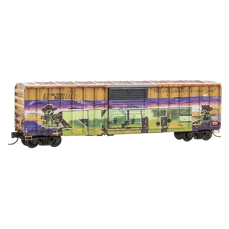 Micro-Trains N - Vagão Fechado, Railbox, Envelhecido e Grafitado "Cowboy"